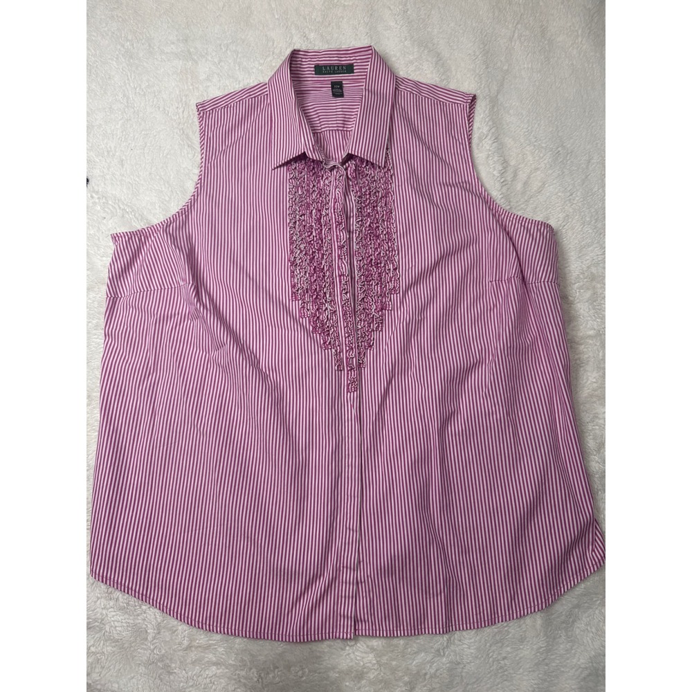 Lauren Ralph Lauren Sleeveless Shirt Womens 22W Pink Excellent Ruffle Stripe
